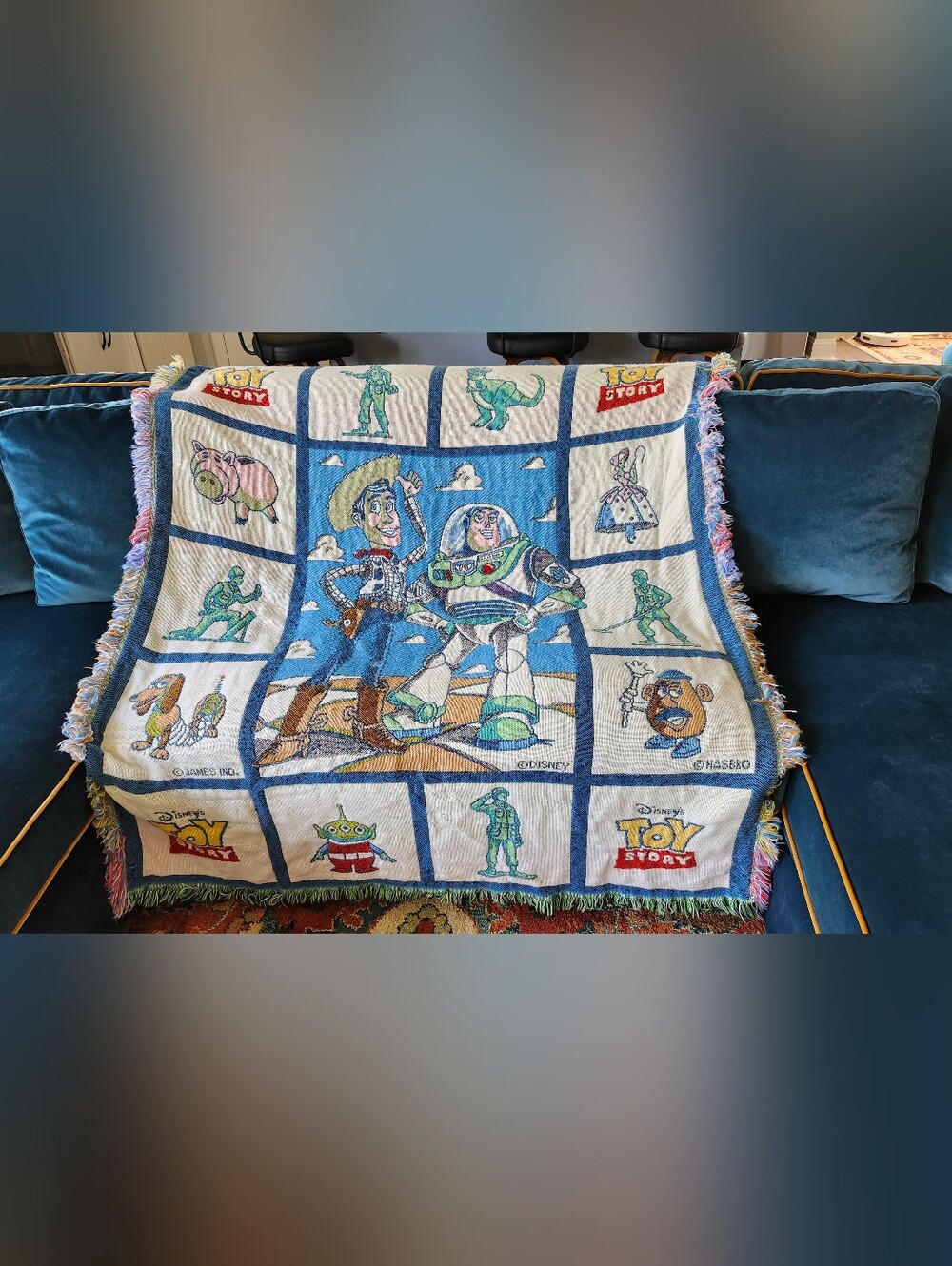 Vintage 90s Disney Pixar Toy Story Character Throw Blanket Blue